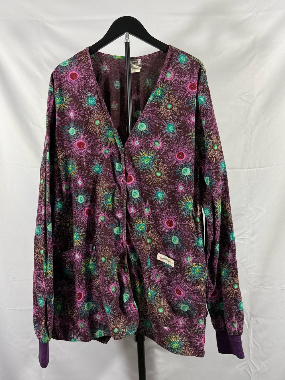 Just Cotton Univogue Scrub Jacket 2XL Purple Print Snap Front USA